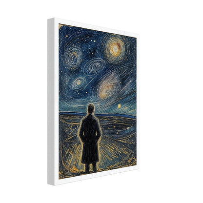 A figure stands on a vast plain, gazing up at a swirling, star-filled night sky with spiral galaxies glowing above.