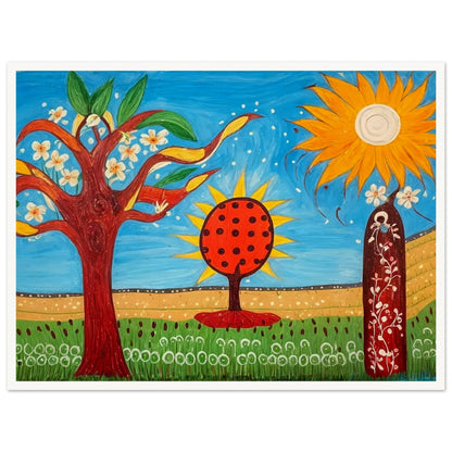 A whimsical, colorful landscape painting featuring blossoming trees, a bright orange tree with black dots, a large radiant sun, and a figure standing amidst flowers, evoking joy and fantasy.