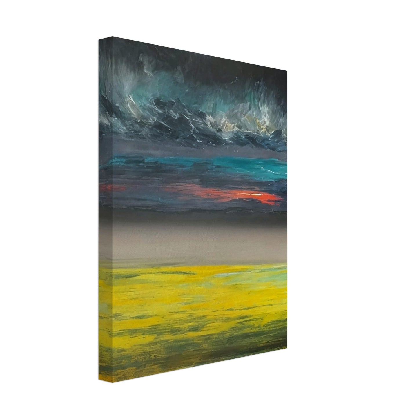 A dramatic landscape painting featuring a vibrant yellow field under a dark, stormy sky with a hint of sunset colors.