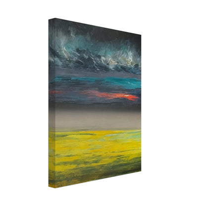 A dramatic landscape painting featuring a vibrant yellow field under a dark, stormy sky with a hint of sunset colors.