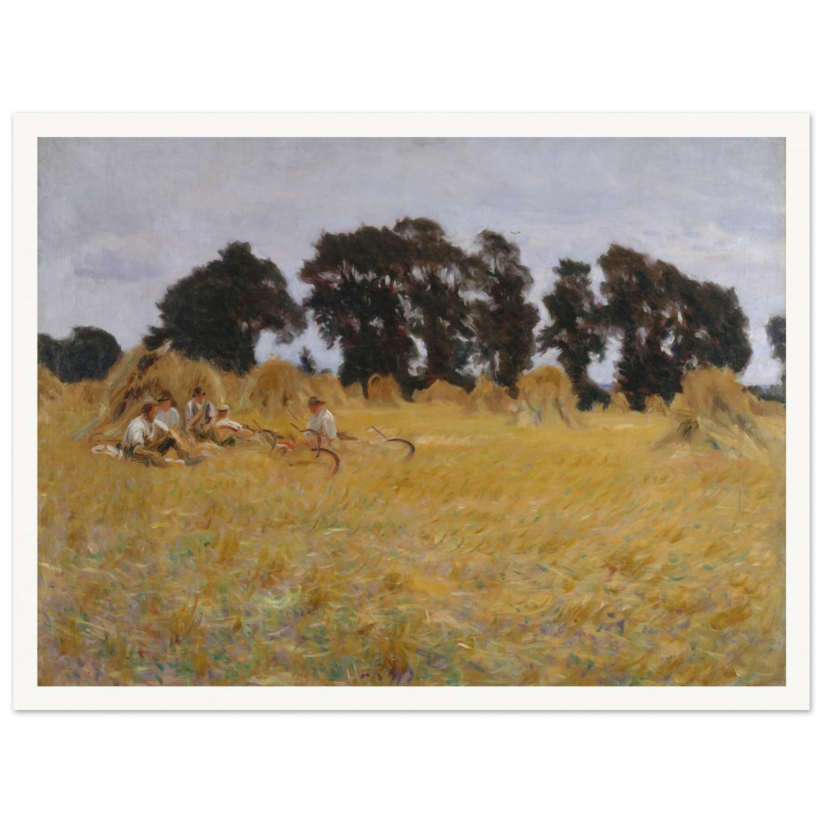 Reapers rest among golden wheat and haystacks beneath a pale sky