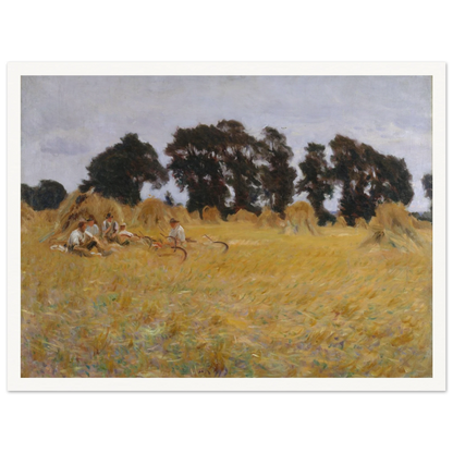 Reapers rest among golden wheat and haystacks beneath a pale sky