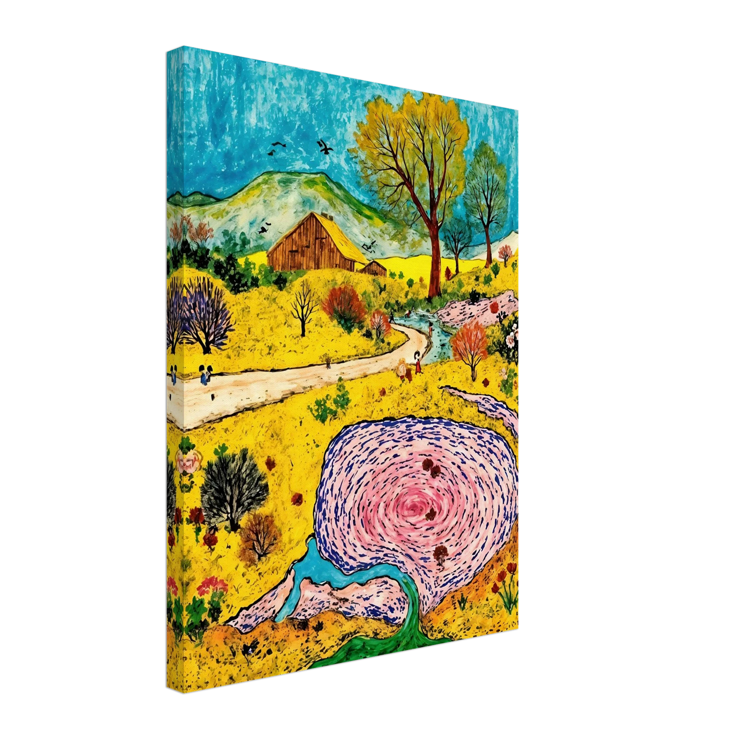Colorful countryside with a rustic barn, winding stream, blooming trees, and a swirling pink pond beneath blue skies.