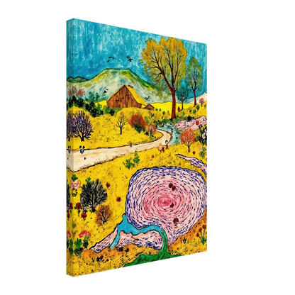 Colorful countryside with a rustic barn, winding stream, blooming trees, and a swirling pink pond beneath blue skies.