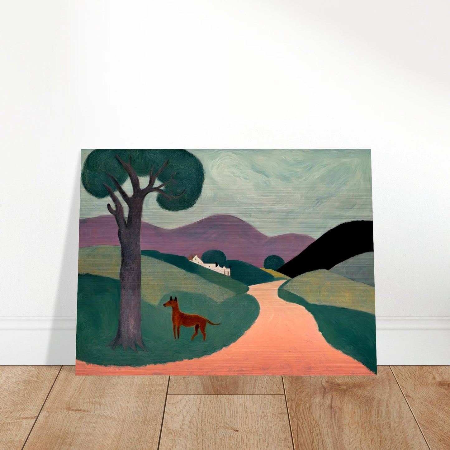 Stylized countryside landscape with rolling green hills, a purple mountain range, a lone tree, and a brown dog standing on a peach path.