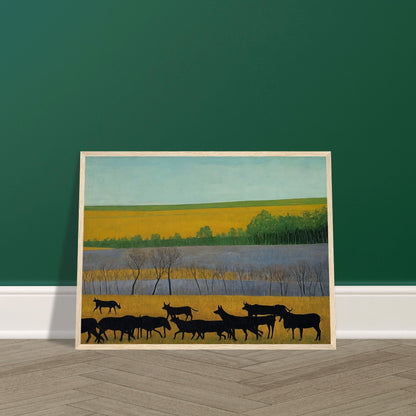 A peaceful scene of black cattle walking across golden fields, with green trees and a clear blue sky in the distance.