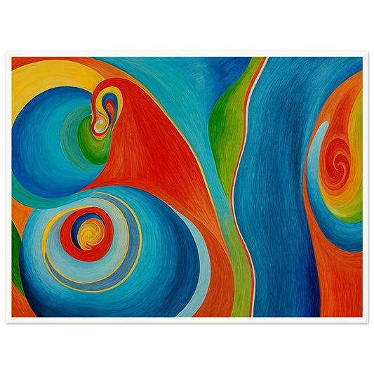 A vibrant abstract painting with dynamic swirling patterns in bright reds, blues, yellows, and greens, creating a sense of movement and energy.