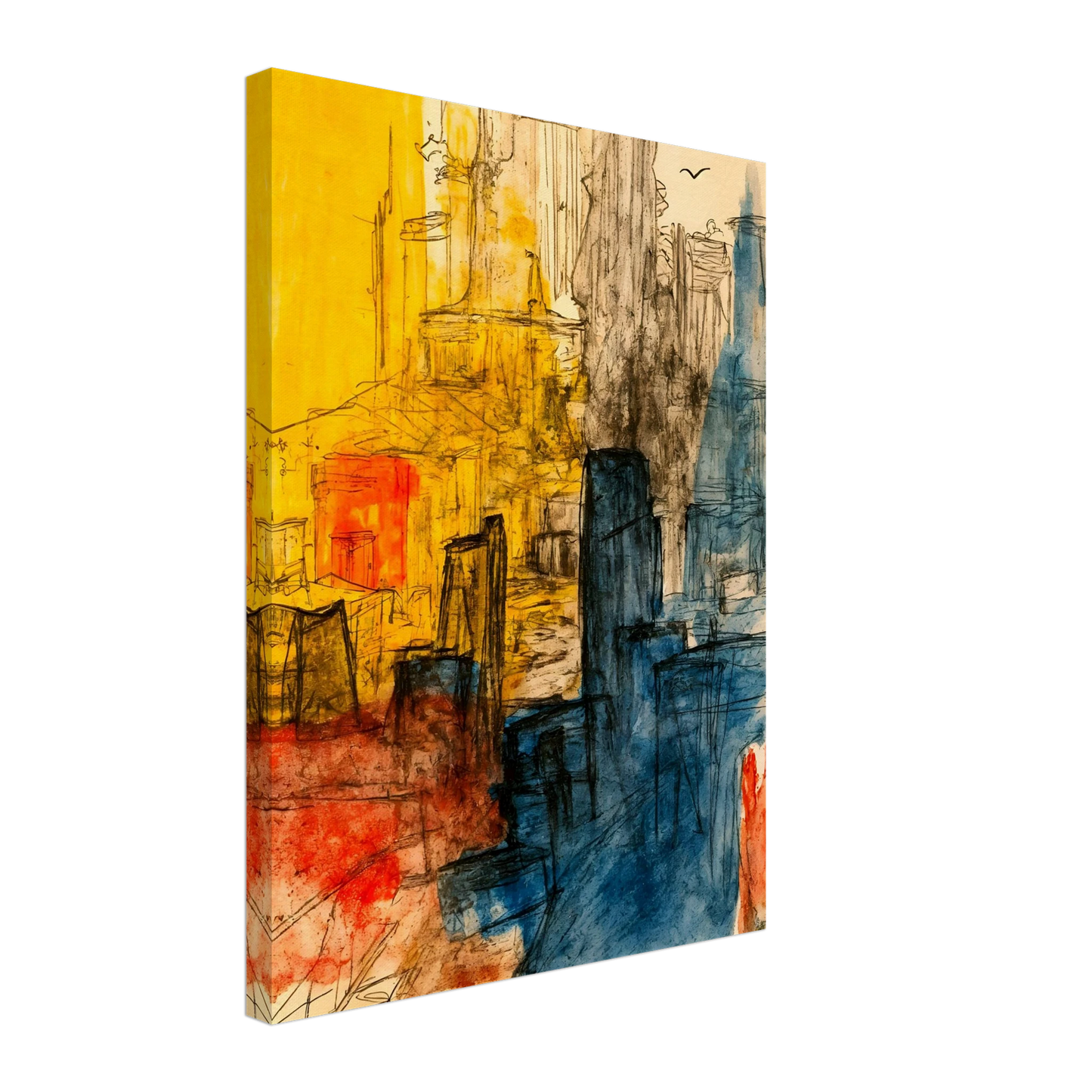 Expressive cityscape with golden facades, blue towers, and loose ink lines creating a vibrant urban atmosphere.
