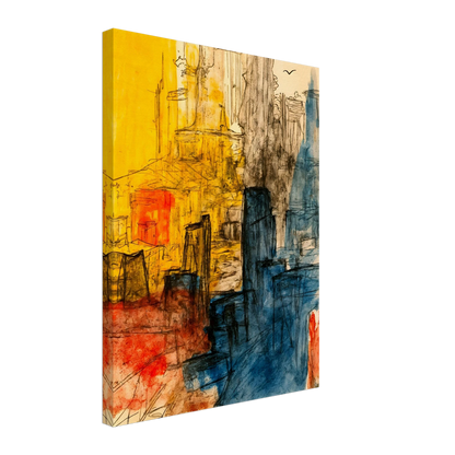 Expressive cityscape with golden facades, blue towers, and loose ink lines creating a vibrant urban atmosphere.