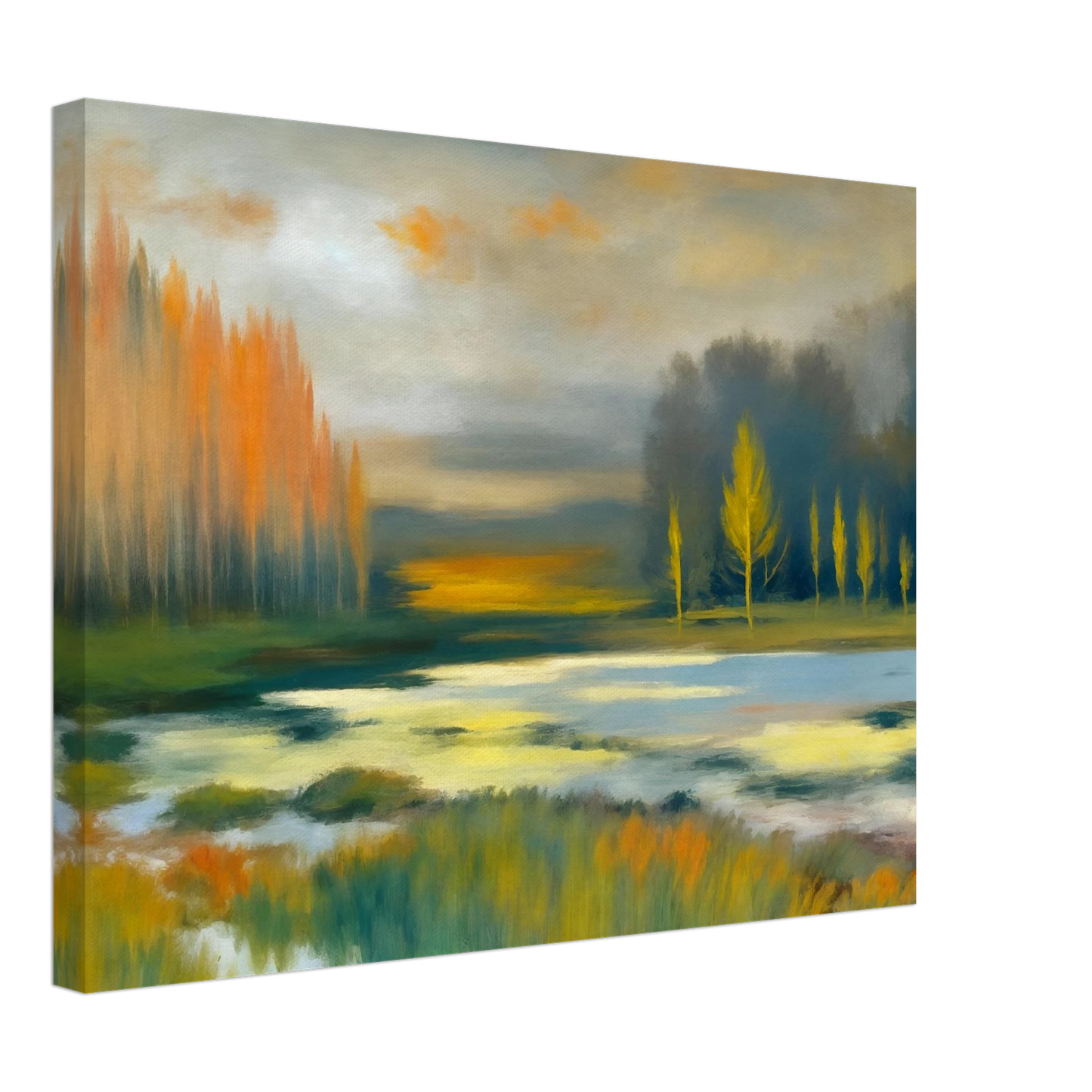 Soft impressionist wetland landscape with glowing golden trees, misty waters, and tranquil reflections beneath a muted autumn sky.