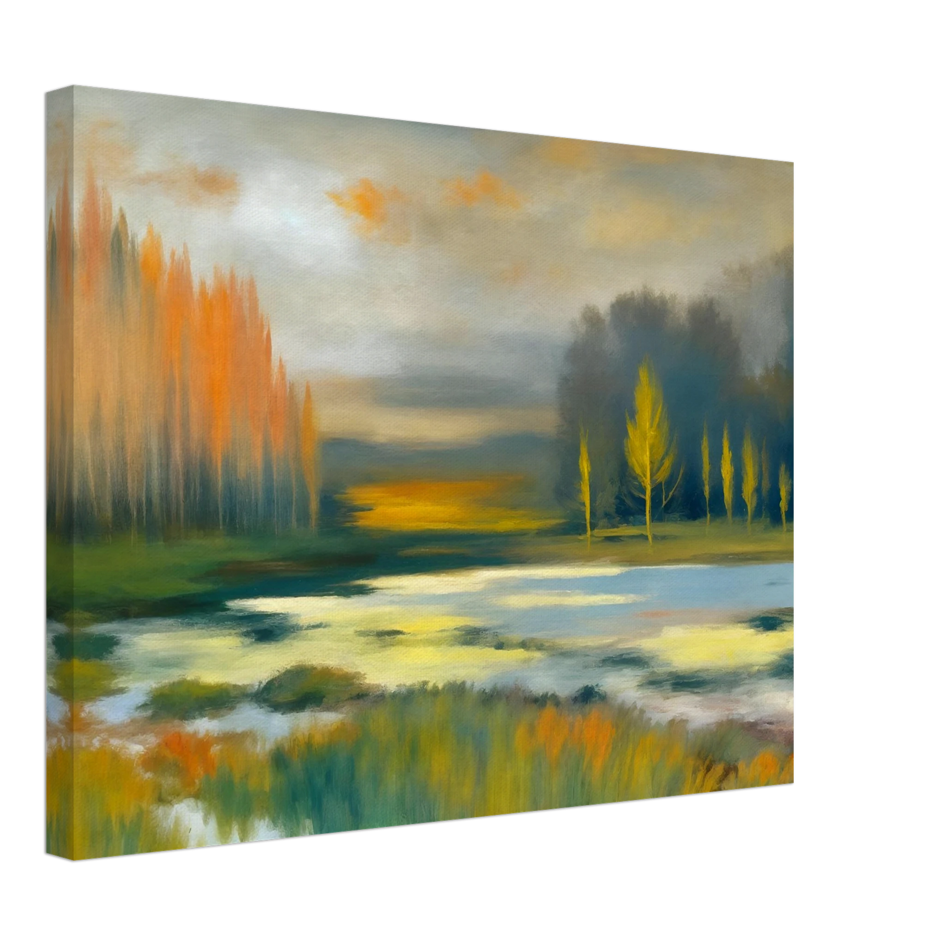 Soft impressionist wetland landscape with glowing golden trees, misty waters, and tranquil reflections beneath a muted autumn sky.