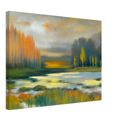 Soft impressionist wetland landscape with glowing golden trees, misty waters, and tranquil reflections beneath a muted autumn sky.