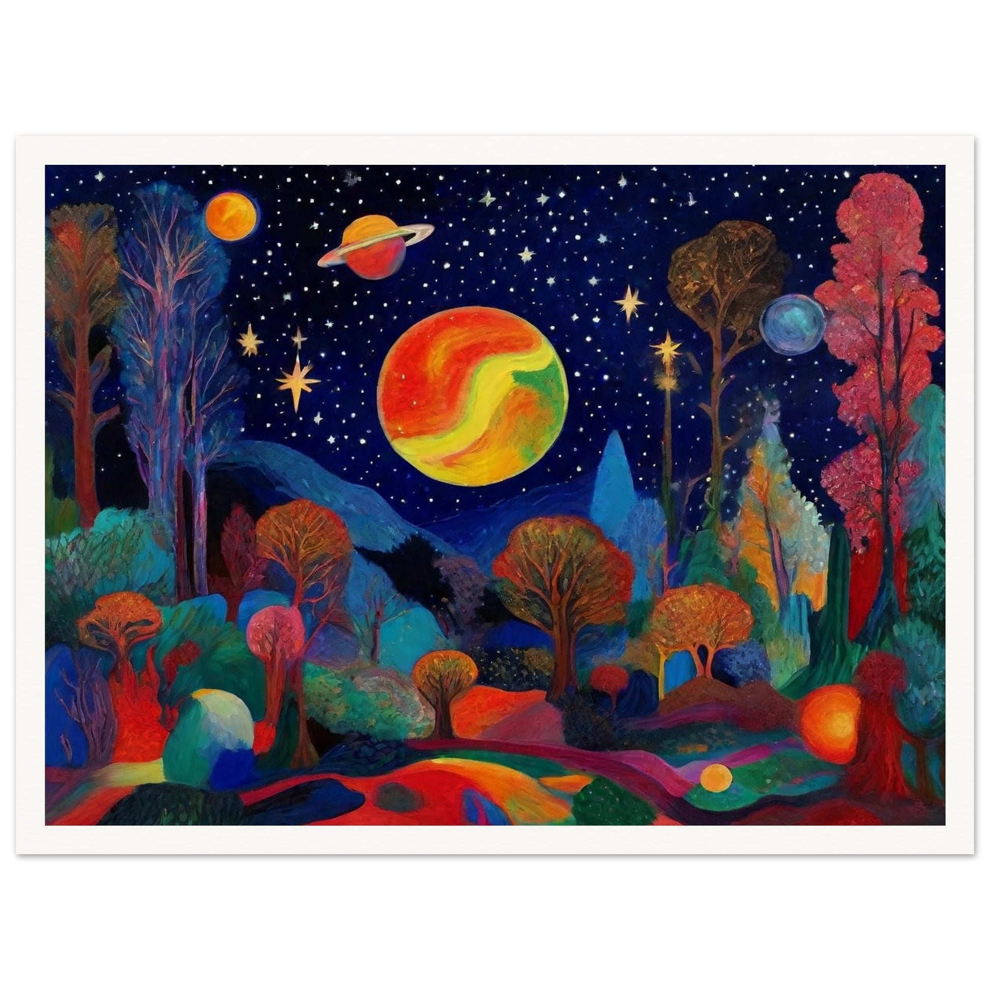 A vibrant landscape featuring trees and planets under a starry sky, with bold, bright colors creating a surreal cosmic scene.