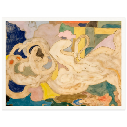 Cream-toned flowing shapes weave through soft blocks of blue, green, yellow, and pink in a dreamlike composition.