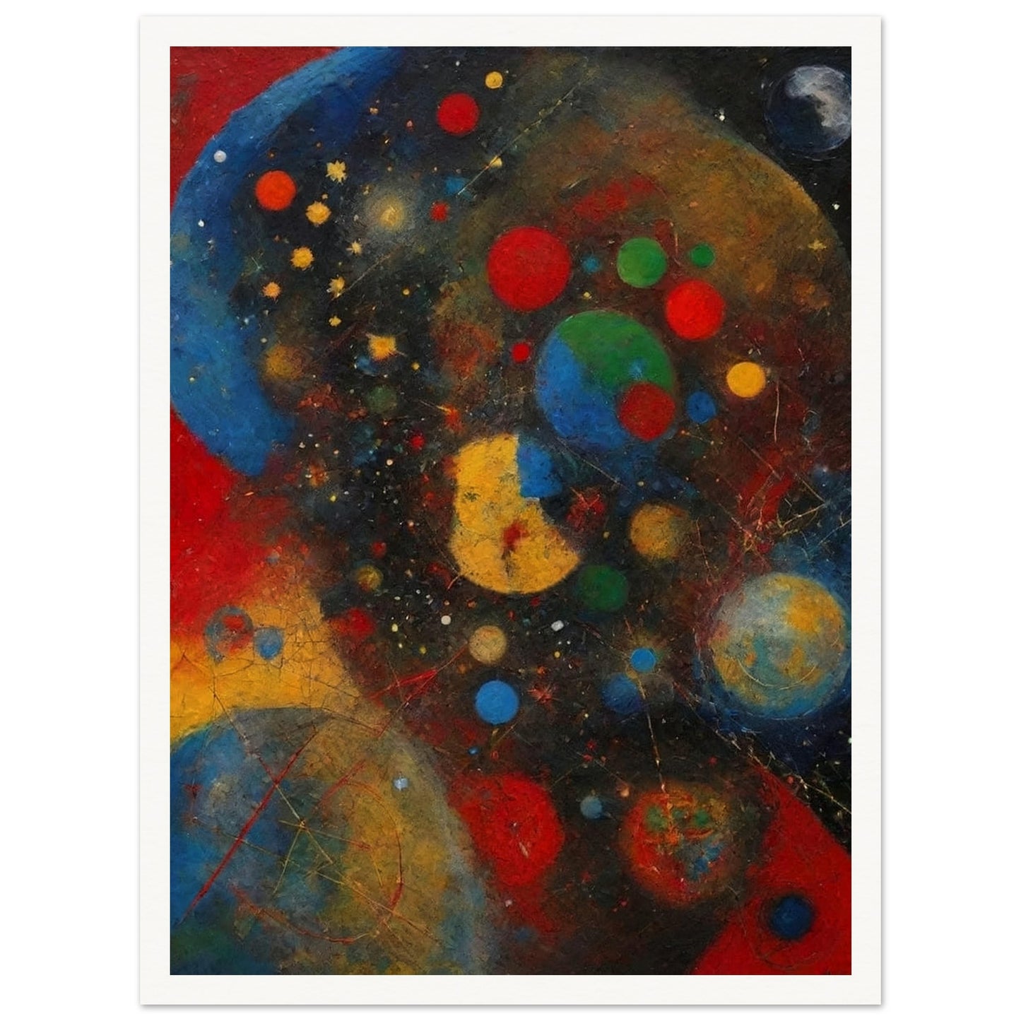 An abstract painting with vibrant colors and shapes, depicting a cosmic scene filled with celestial bodies.