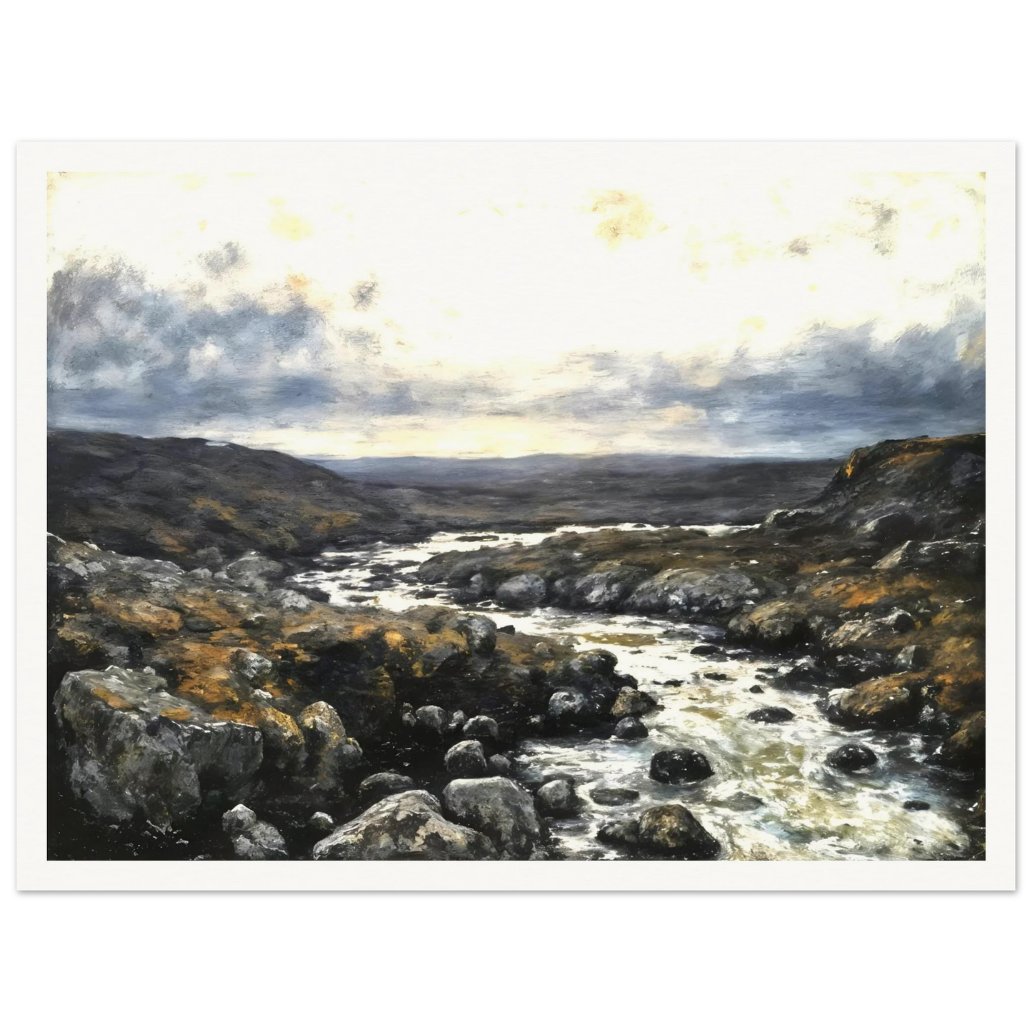 A rugged river winds through rocky highlands beneath dramatic clouds, blending silver waters with earthy terrain and distant horizons.