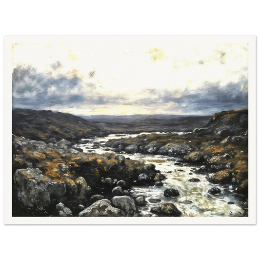A rugged river winds through rocky highlands beneath dramatic clouds, blending silver waters with earthy terrain and distant horizons.
