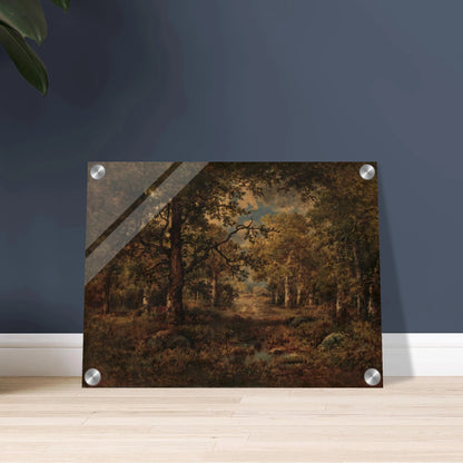 Wooded path opening to a sunlit view in Fontainebleau, with tall trees framing figures and a distant landscape.