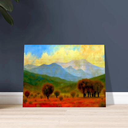 Warm autumn trees stretch across a fiery red field with misty blue mountains and a glowing yellow sky in the distance.