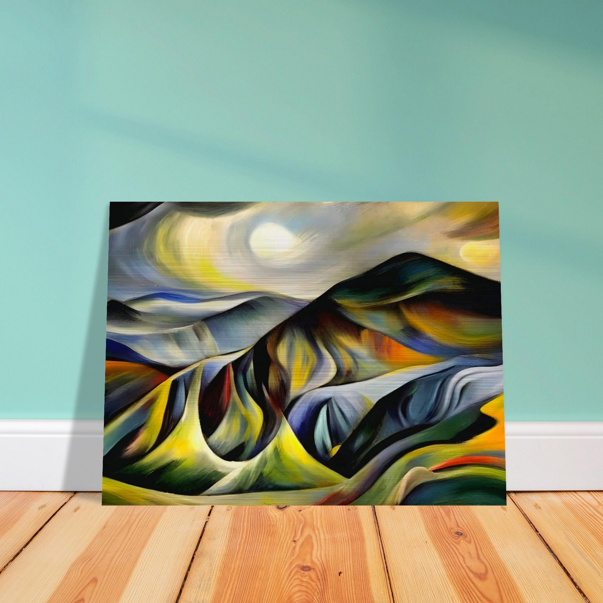 A vivid, abstract landscape painting featuring rolling mountains in rich shades of yellow, green, blue, and orange under a glowing sky.