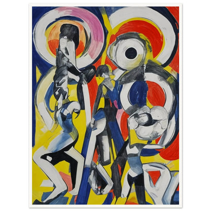 Abstract painting featuring dynamic, elongated figures in motion with bold, swirling shapes in red, blue, yellow, and black.