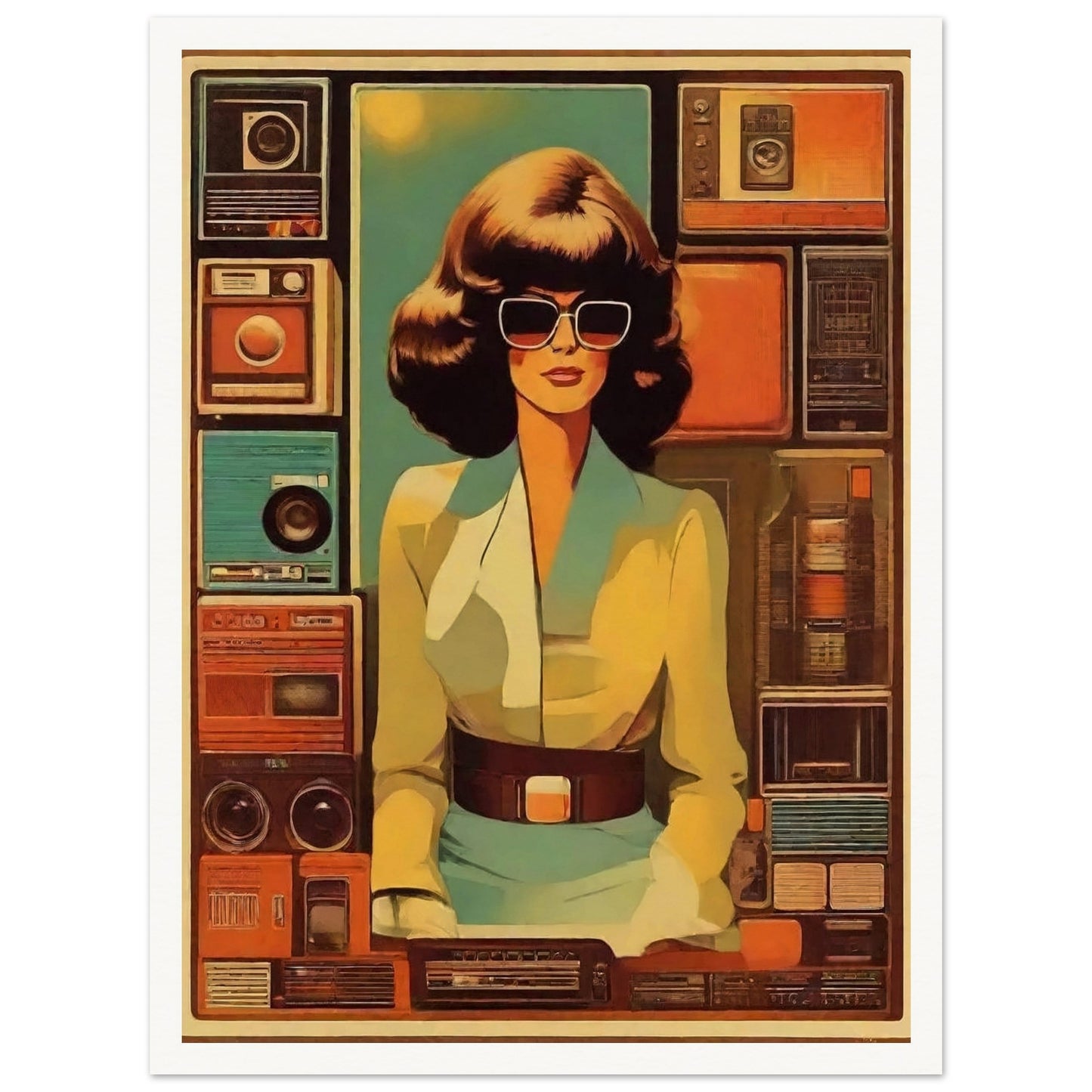 A stylish woman with large sunglasses stands in front of a backdrop filled with vintage radios and cassette players, evoking a retro vibe.