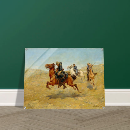 Cavalrymen ride across a dusty plain, with one soldier rescuing another on horseback.