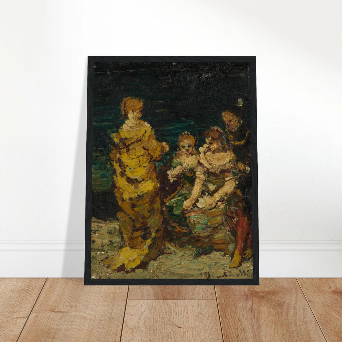 Four figures in rich period dress gather against a dark background with thick expressive brushwork.