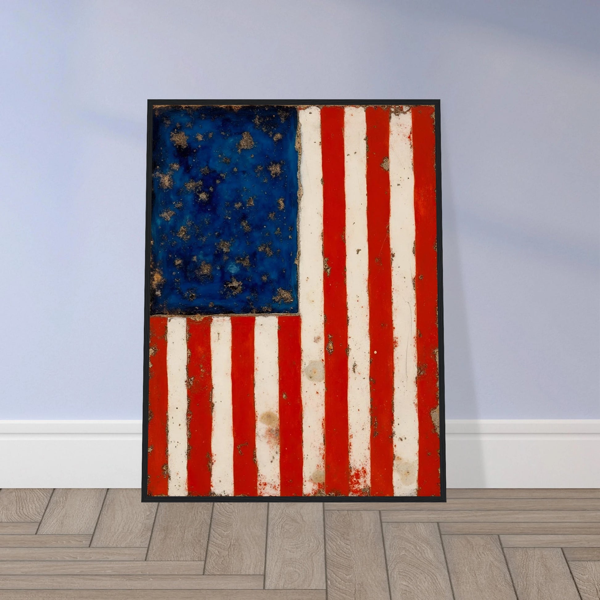 A timeworn American flag with faded stars and stripes, marked by age and texture that reflect enduring spirit.