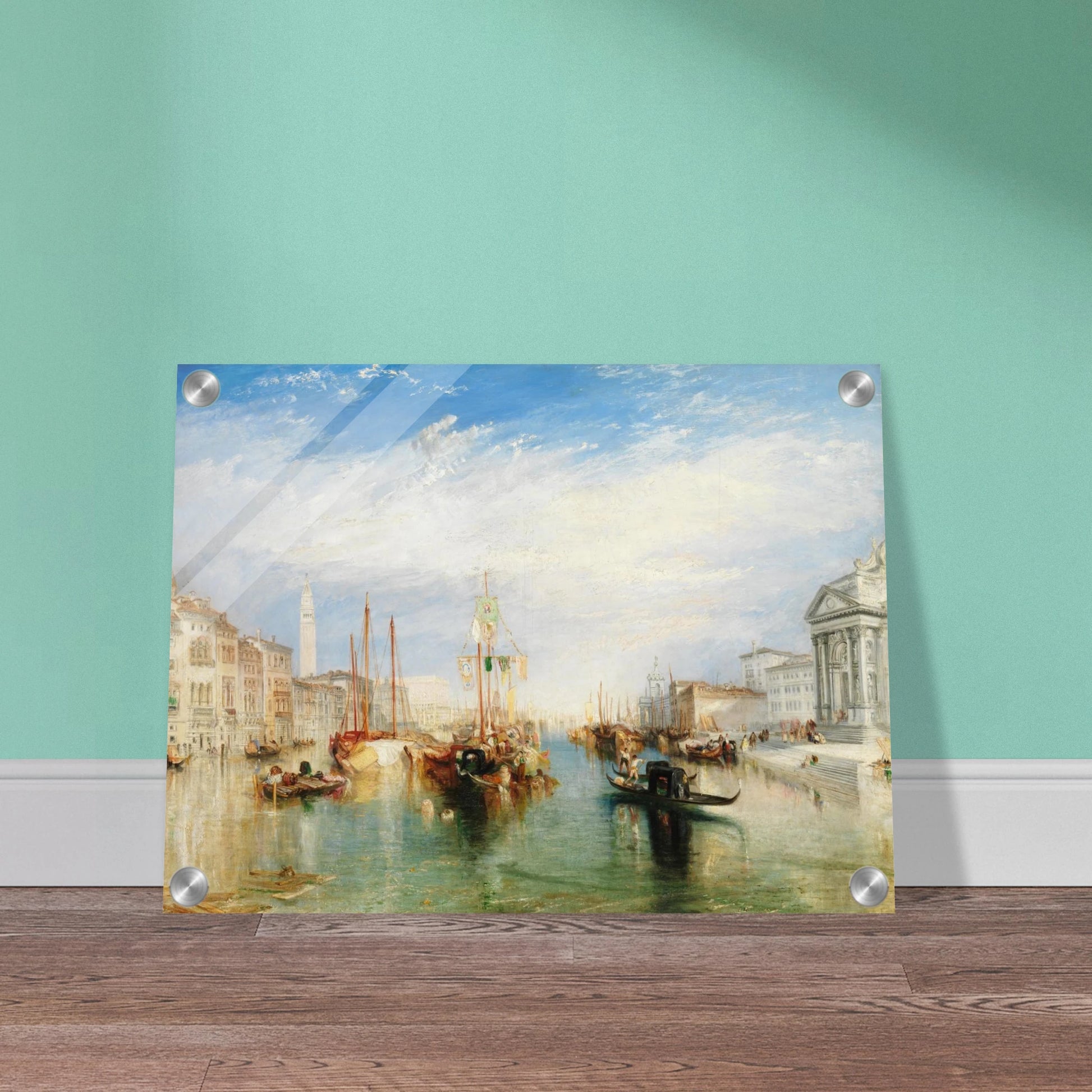 Gondolas and sailing boats fill Venice’s Grand Canal beneath a bright blue sky and luminous clouds.