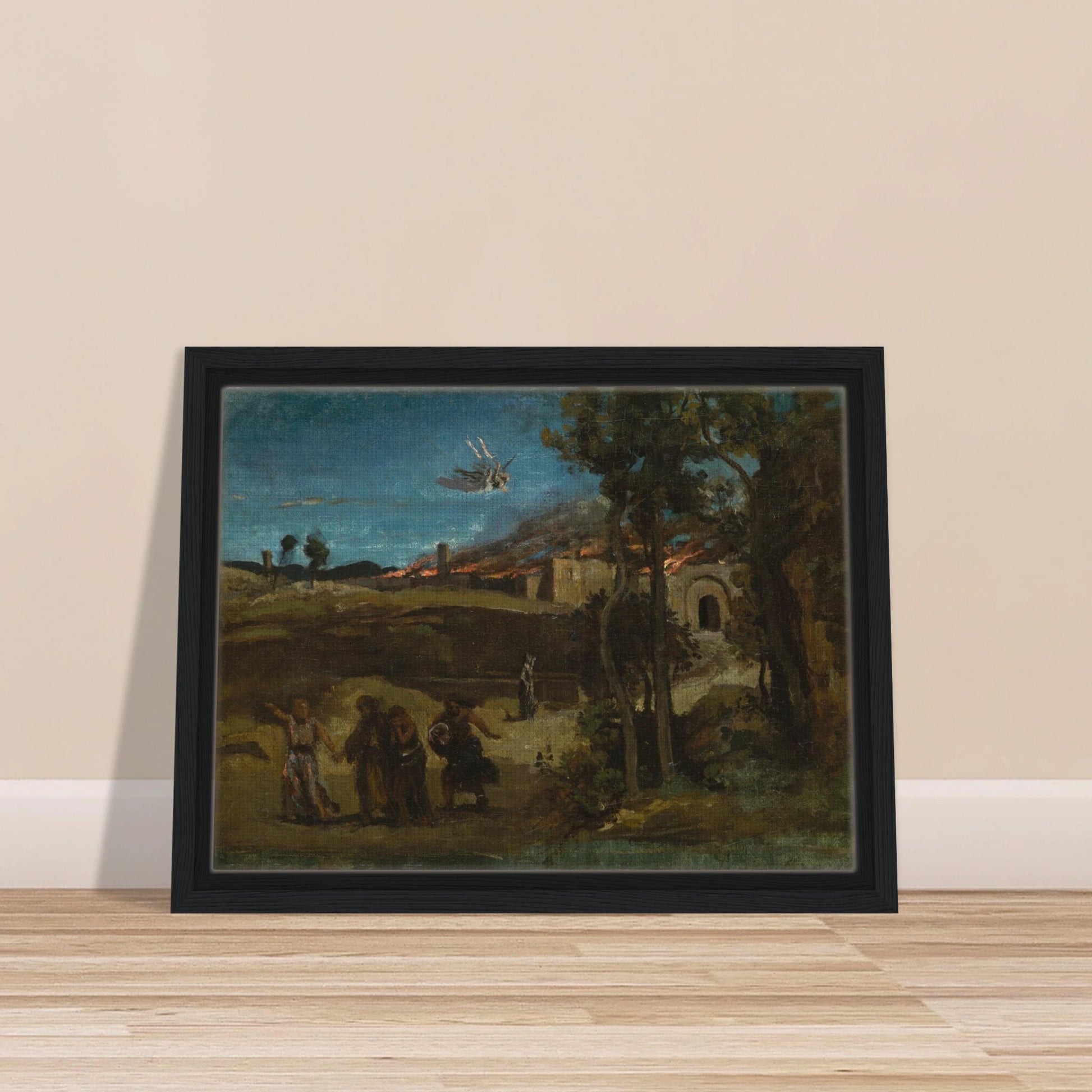 Angel casts fire over Sodom while figures flee through a dark biblical landscape