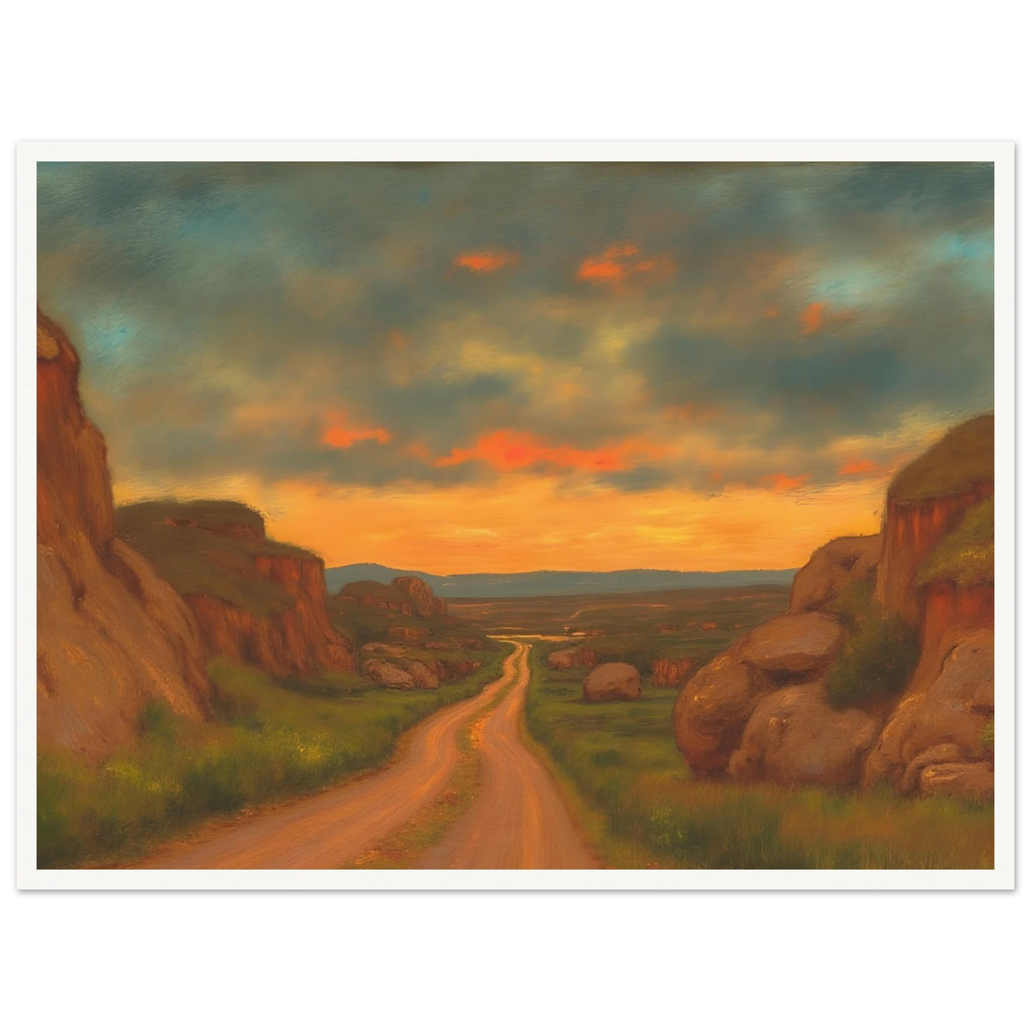 A winding dirt road cuts through rocky hills under a glowing sunset sky, evoking peace, wanderlust, and quiet reflection.