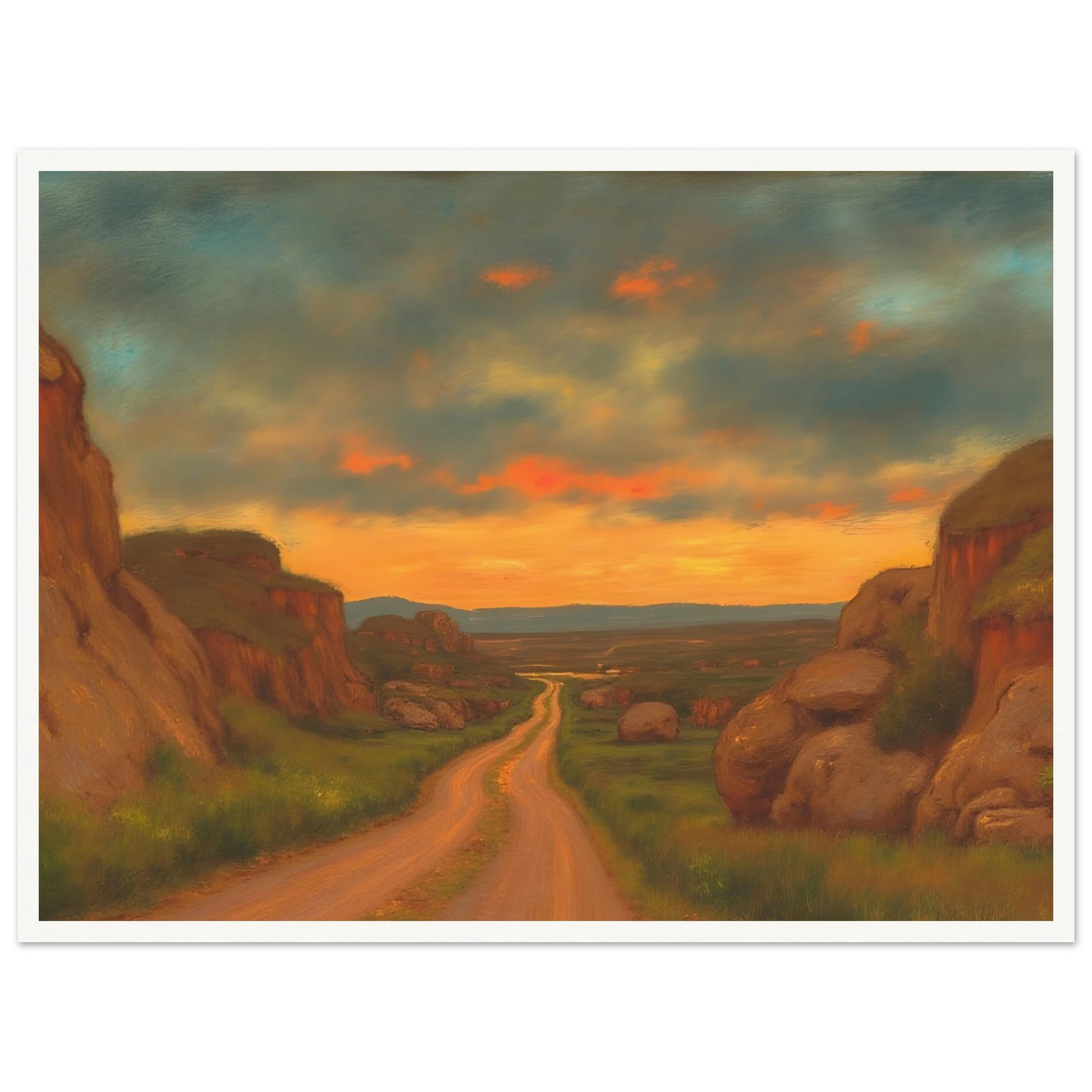 A winding dirt road cuts through rocky hills under a glowing sunset sky, evoking peace, wanderlust, and quiet reflection.