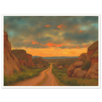 A winding dirt road cuts through rocky hills under a glowing sunset sky, evoking peace, wanderlust, and quiet reflection.
