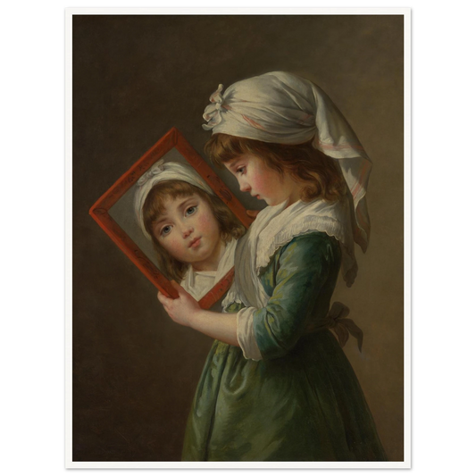 A young girl in a white headscarf holds a mirror showing her reflected face.