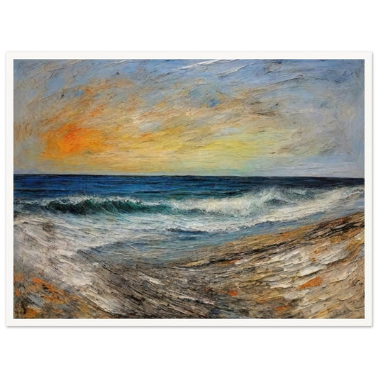 A painting of a serene shoreline at sunset with gentle waves, vibrant orange and yellow sky, and textured sand.