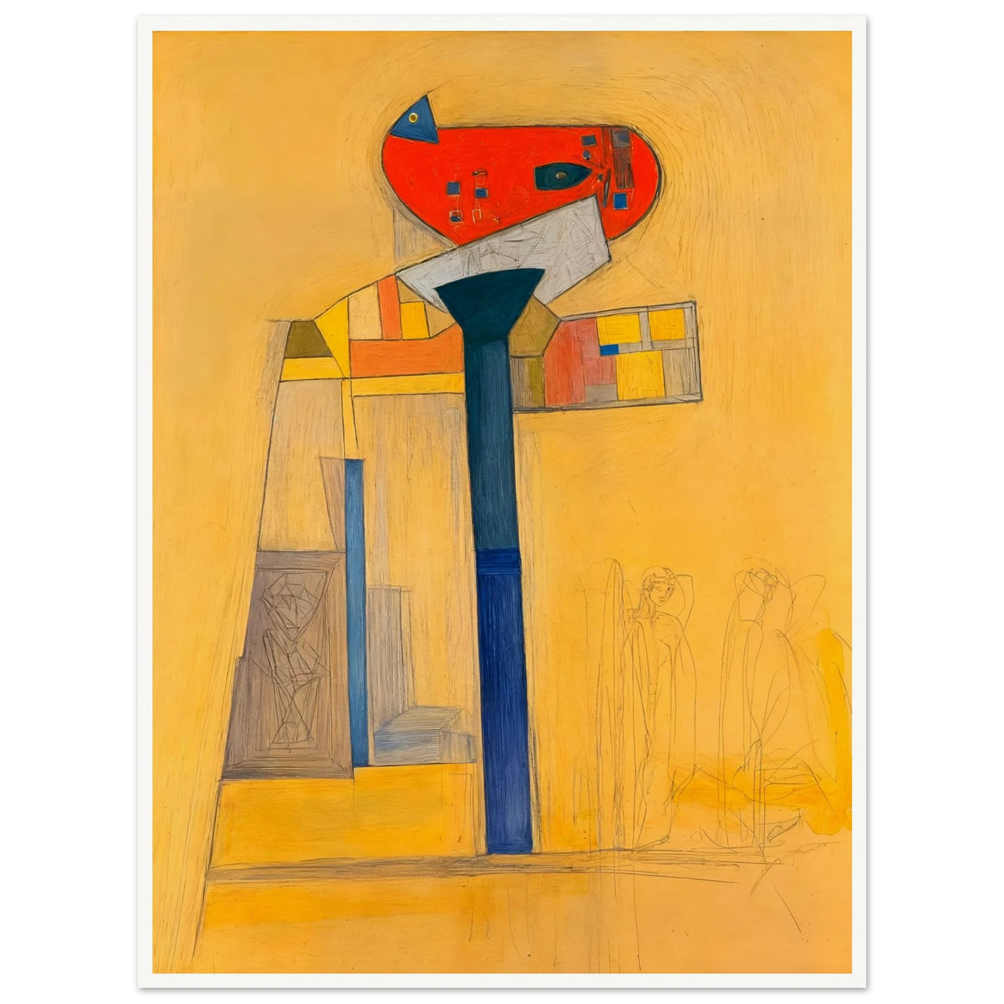 A surreal architectural painting with bold blue and red forms, fine sketches, and golden hues evoking quiet balance and tension.