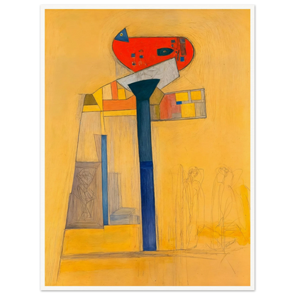 A surreal architectural painting with bold blue and red forms, fine sketches, and golden hues evoking quiet balance and tension.