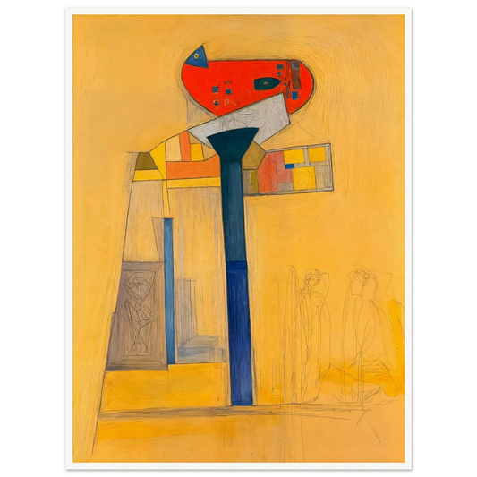 A surreal architectural painting with bold blue and red forms, fine sketches, and golden hues evoking quiet balance and tension.