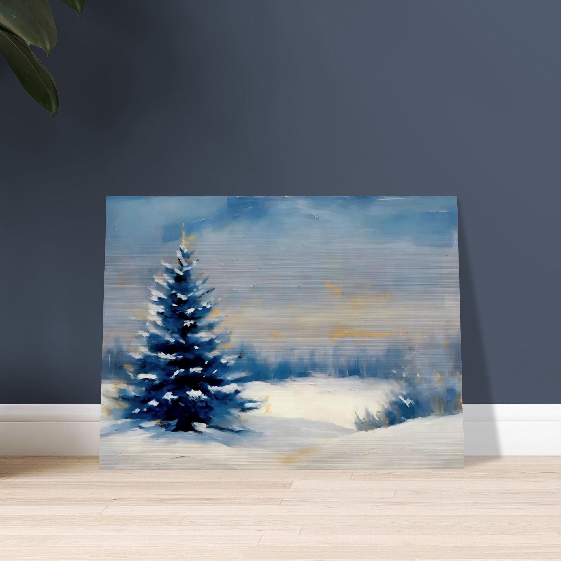 A peaceful winter landscape featuring a lone snow-covered pine tree in a vast snowy field, under a soft, hazy blue and golden sky.