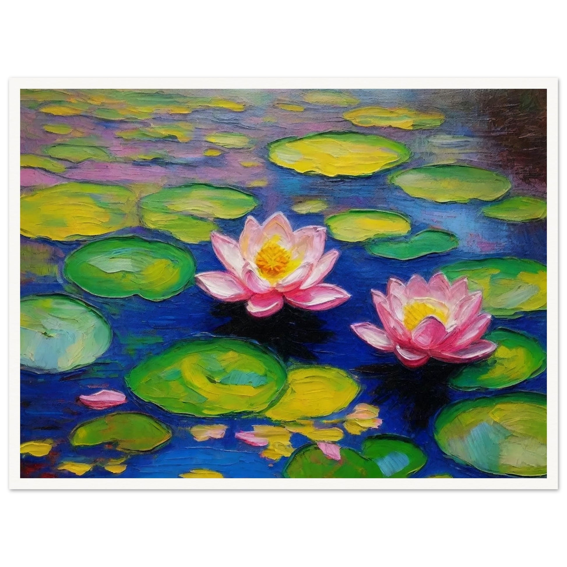 A vibrant painting of two pink water lilies floating among green lily pads on a serene blue pond.