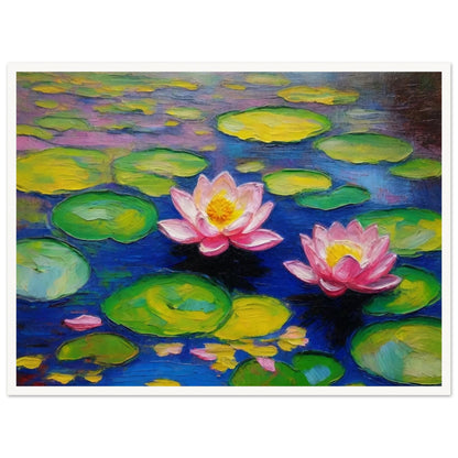 A vibrant painting of two pink water lilies floating among green lily pads on a serene blue pond.