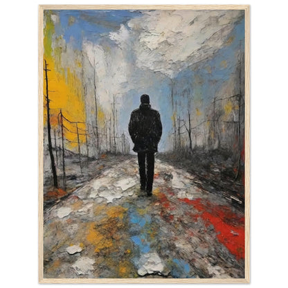 A lone figure in a dark coat walks along a desolate, colorful path under a cloudy sky, evoking a sense of solitude and reflection.