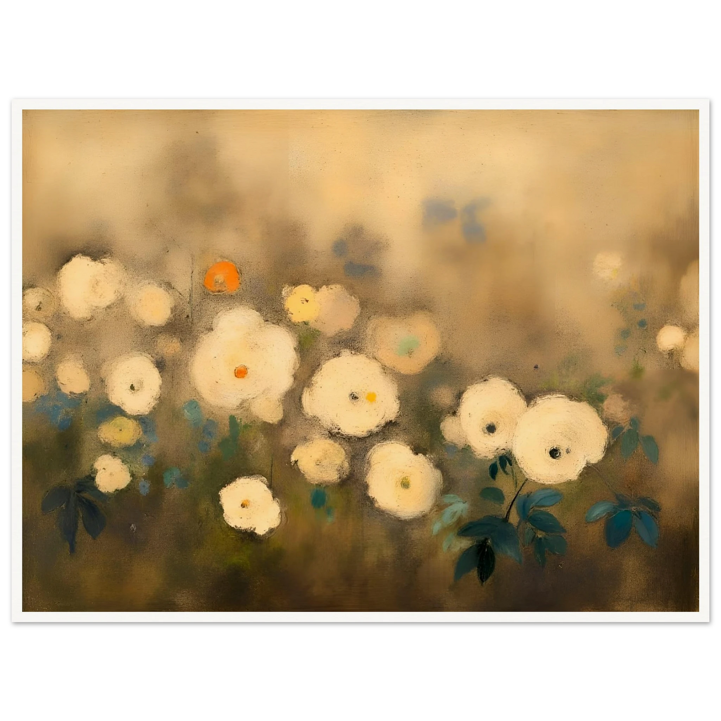 A dreamy floral painting featuring delicate white blossoms scattered across a softly blurred golden-beige background, accented with muted green and blue foliage.