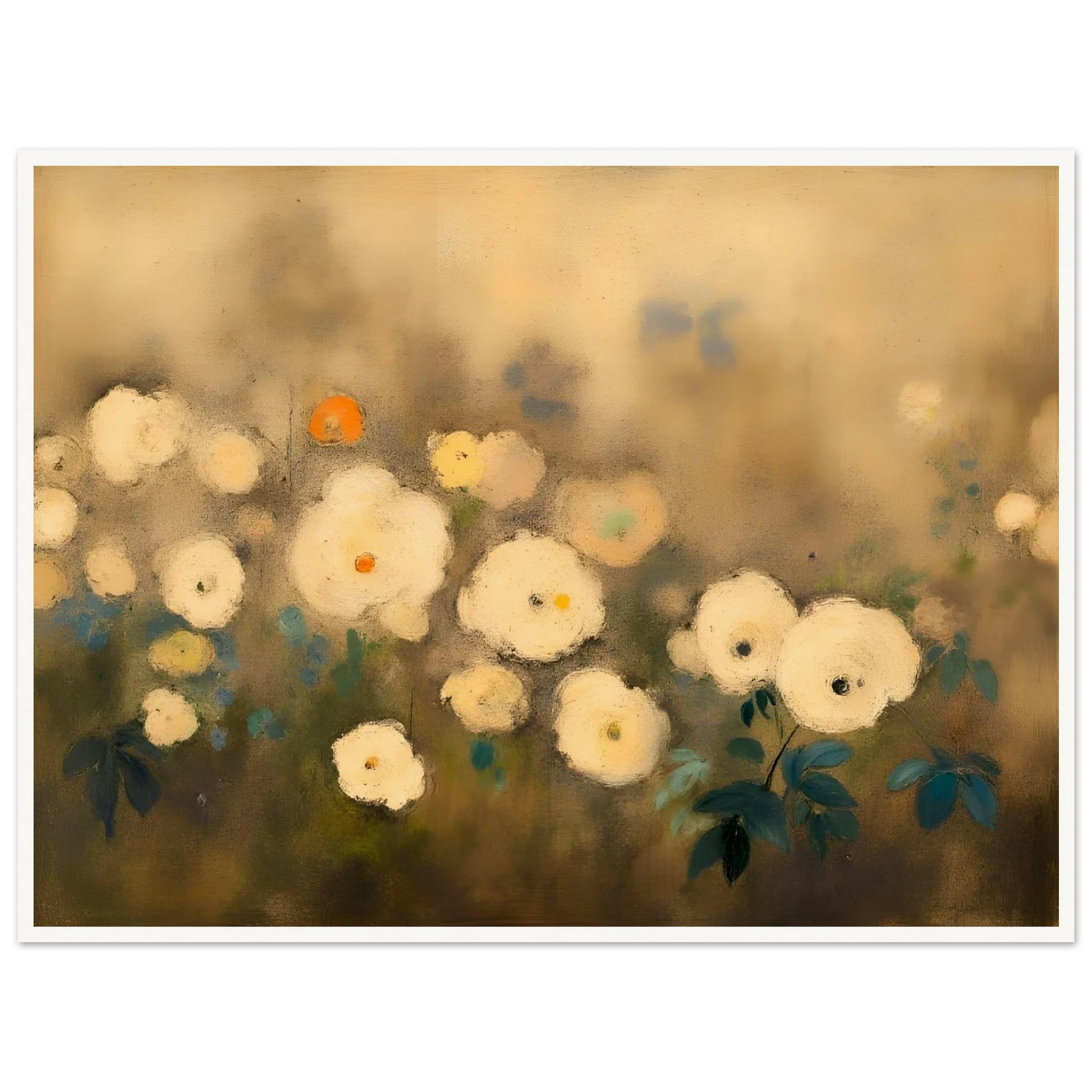 A dreamy floral painting featuring delicate white blossoms scattered across a softly blurred golden-beige background, accented with muted green and blue foliage.