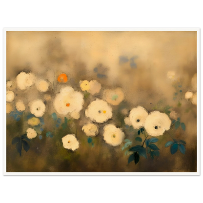 A dreamy floral painting featuring delicate white blossoms scattered across a softly blurred golden-beige background, accented with muted green and blue foliage.