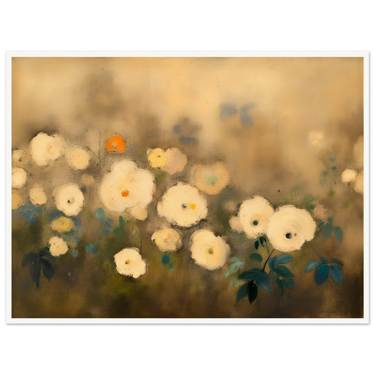 A dreamy floral painting featuring delicate white blossoms scattered across a softly blurred golden-beige background, accented with muted green and blue foliage.