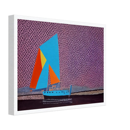 A sailboat with bright, geometric sails of blue, orange, and yellow floats on dark waters beneath a purple, textured sky, evoking adventure and vibrancy.