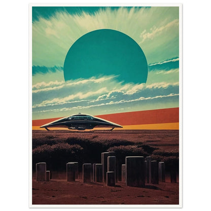 A futuristic landscape with a sleek spaceship hovering above a barren terrain, under a massive sunburst sky with a large teal sun dominating the horizon.