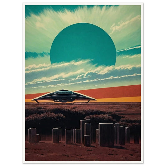 A futuristic landscape with a sleek spaceship hovering above a barren terrain, under a massive sunburst sky with a large teal sun dominating the horizon.